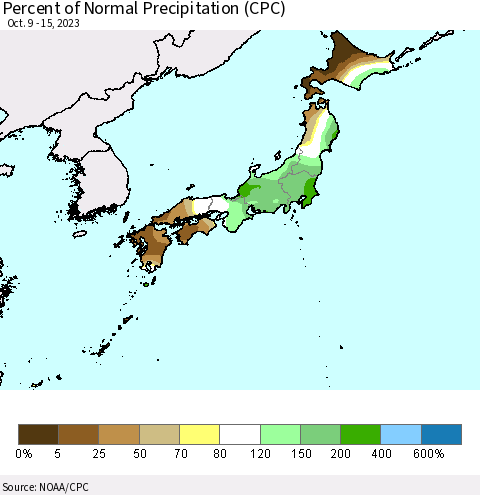 Japan Percent of Normal Precipitation (CPC) Thematic Map For 10/9/2023 - 10/15/2023