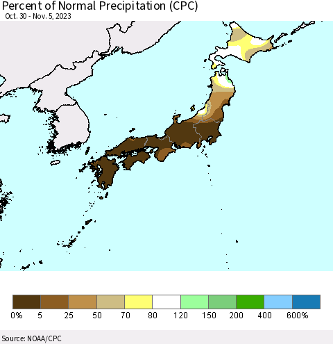 Japan Percent of Normal Precipitation (CPC) Thematic Map For 10/30/2023 - 11/5/2023