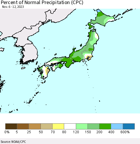 Japan Percent of Normal Precipitation (CPC) Thematic Map For 11/6/2023 - 11/12/2023