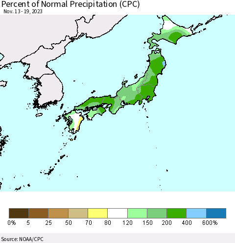Japan Percent of Normal Precipitation (CPC) Thematic Map For 11/13/2023 - 11/19/2023