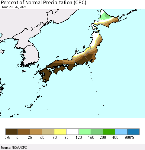 Japan Percent of Normal Precipitation (CPC) Thematic Map For 11/20/2023 - 11/26/2023