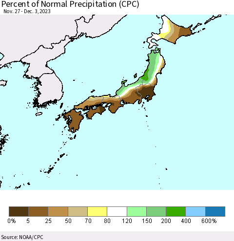 Japan Percent of Normal Precipitation (CPC) Thematic Map For 11/27/2023 - 12/3/2023