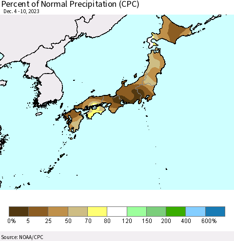 Japan Percent of Normal Precipitation (CPC) Thematic Map For 12/4/2023 - 12/10/2023