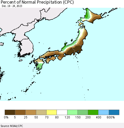 Japan Percent of Normal Precipitation (CPC) Thematic Map For 12/18/2023 - 12/24/2023
