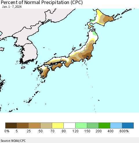 Japan Percent of Normal Precipitation (CPC) Thematic Map For 1/1/2024 - 1/7/2024