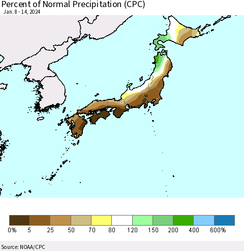 Japan Percent of Normal Precipitation (CPC) Thematic Map For 1/8/2024 - 1/14/2024