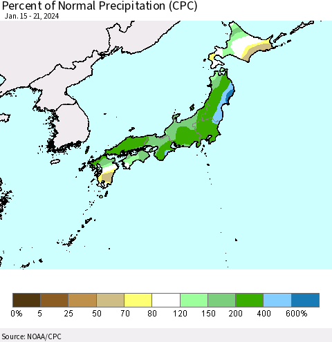 Japan Percent of Normal Precipitation (CPC) Thematic Map For 1/15/2024 - 1/21/2024