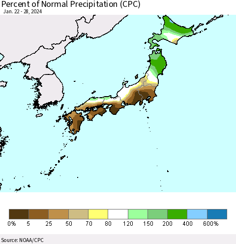Japan Percent of Normal Precipitation (CPC) Thematic Map For 1/22/2024 - 1/28/2024