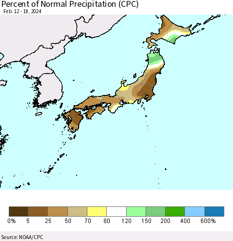 Japan Percent of Normal Precipitation (CPC) Thematic Map For 2/12/2024 - 2/18/2024