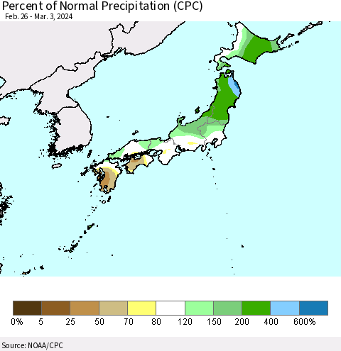Japan Percent of Normal Precipitation (CPC) Thematic Map For 2/26/2024 - 3/3/2024