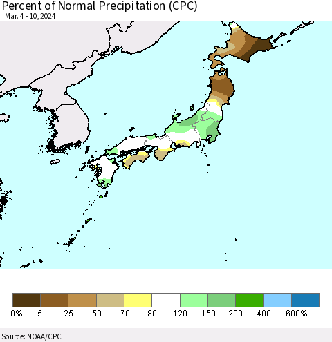 Japan Percent of Normal Precipitation (CPC) Thematic Map For 3/4/2024 - 3/10/2024