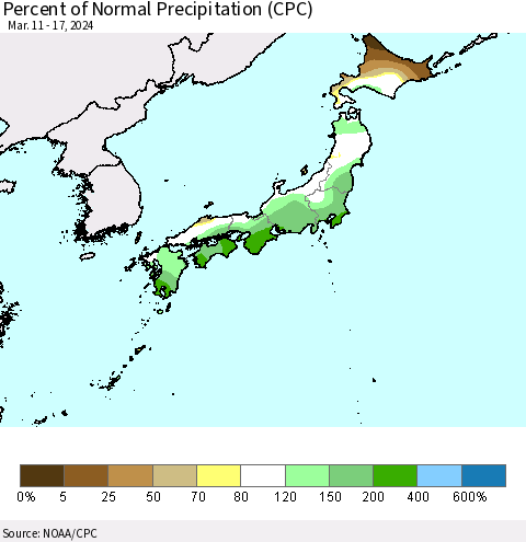 Japan Percent of Normal Precipitation (CPC) Thematic Map For 3/11/2024 - 3/17/2024