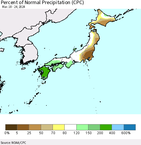Japan Percent of Normal Precipitation (CPC) Thematic Map For 3/18/2024 - 3/24/2024