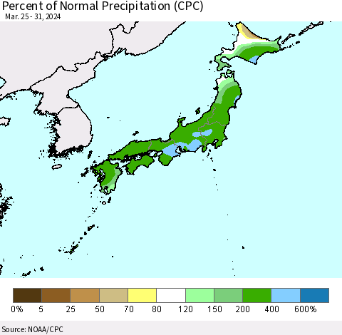 Japan Percent of Normal Precipitation (CPC) Thematic Map For 3/25/2024 - 3/31/2024