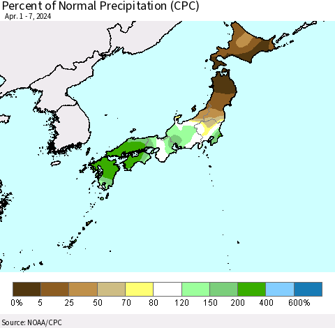 Japan Percent of Normal Precipitation (CPC) Thematic Map For 4/1/2024 - 4/7/2024