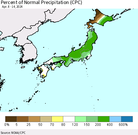 Japan Percent of Normal Precipitation (CPC) Thematic Map For 4/8/2024 - 4/14/2024