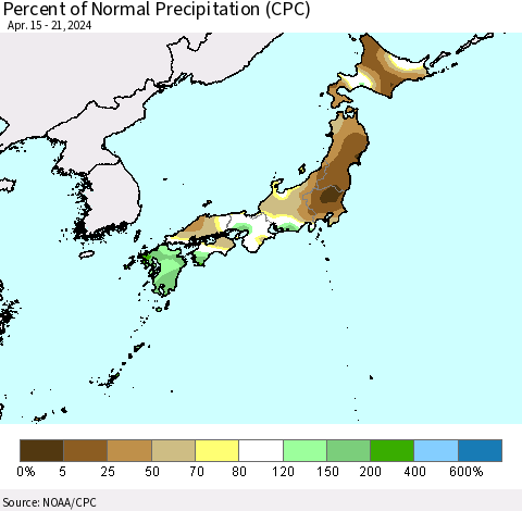 Japan Percent of Normal Precipitation (CPC) Thematic Map For 4/15/2024 - 4/21/2024