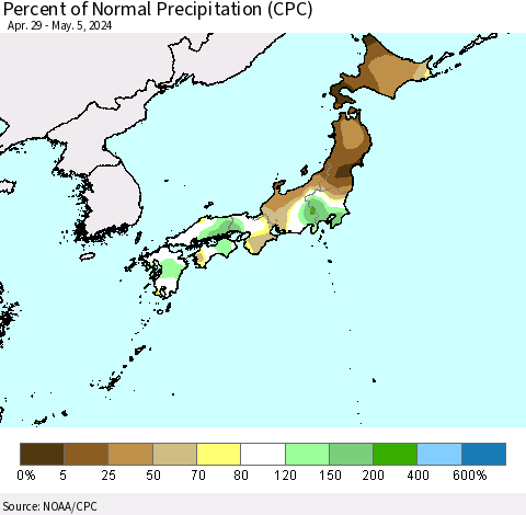 Japan Percent of Normal Precipitation (CPC) Thematic Map For 4/29/2024 - 5/5/2024