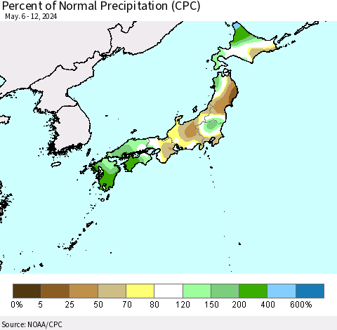 Japan Percent of Normal Precipitation (CPC) Thematic Map For 5/6/2024 - 5/12/2024