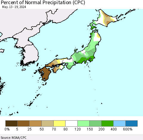 Japan Percent of Normal Precipitation (CPC) Thematic Map For 5/13/2024 - 5/19/2024
