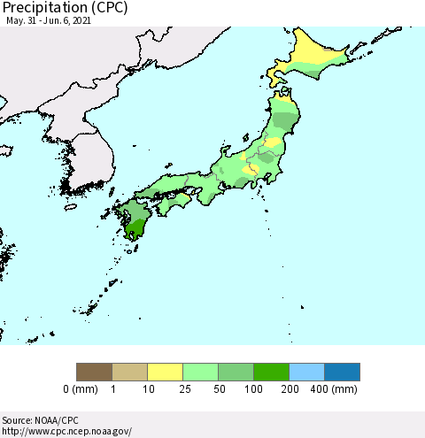 Japan Precipitation (CPC) Thematic Map For 5/31/2021 - 6/6/2021
