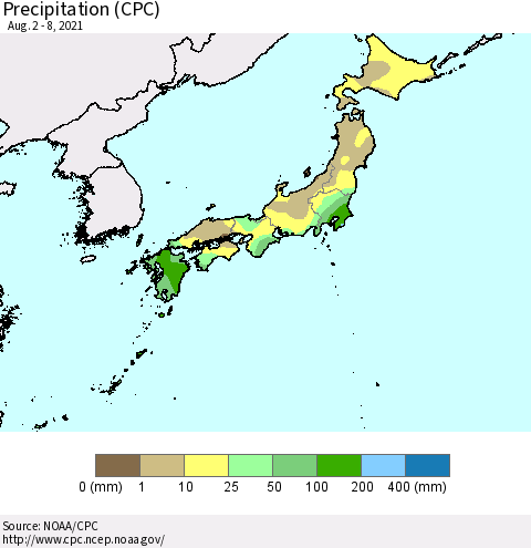 Japan Precipitation (CPC) Thematic Map For 8/2/2021 - 8/8/2021