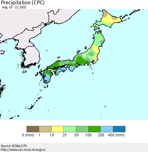 Japan Precipitation (CPC) Thematic Map For 8/16/2021 - 8/22/2021