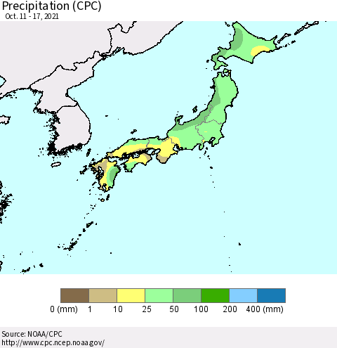 Japan Precipitation (CPC) Thematic Map For 10/11/2021 - 10/17/2021