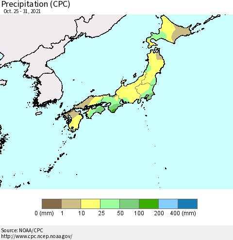 Japan Precipitation (CPC) Thematic Map For 10/25/2021 - 10/31/2021