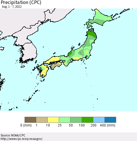 Japan Precipitation (CPC) Thematic Map For 8/1/2022 - 8/7/2022
