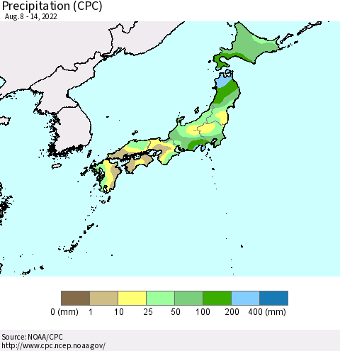 Japan Precipitation (CPC) Thematic Map For 8/8/2022 - 8/14/2022