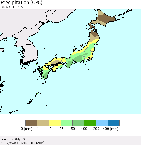 Japan Precipitation (CPC) Thematic Map For 9/5/2022 - 9/11/2022