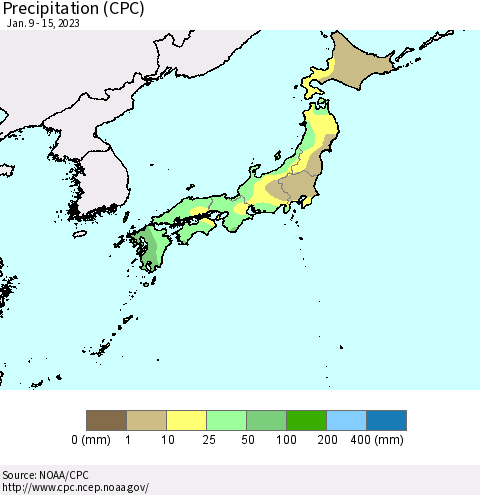 Japan Precipitation (CPC) Thematic Map For 1/9/2023 - 1/15/2023
