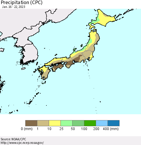 Japan Precipitation (CPC) Thematic Map For 1/16/2023 - 1/22/2023