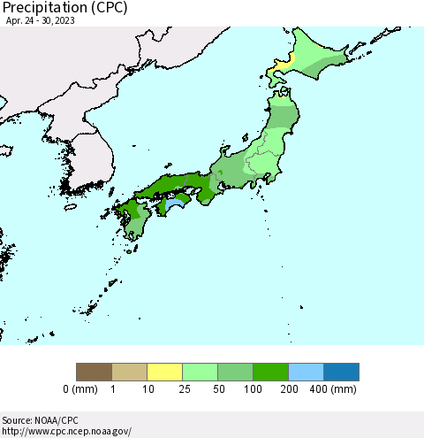 Japan Precipitation (CPC) Thematic Map For 4/24/2023 - 4/30/2023