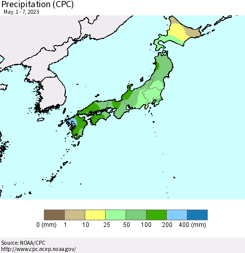 Japan Precipitation (CPC) Thematic Map For 5/1/2023 - 5/7/2023