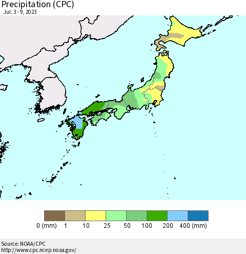 Japan Precipitation (CPC) Thematic Map For 7/3/2023 - 7/9/2023