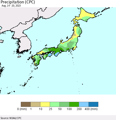 Japan Precipitation (CPC) Thematic Map For 8/14/2023 - 8/20/2023