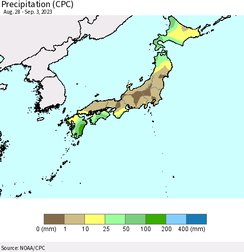 Japan Precipitation (CPC) Thematic Map For 8/28/2023 - 9/3/2023