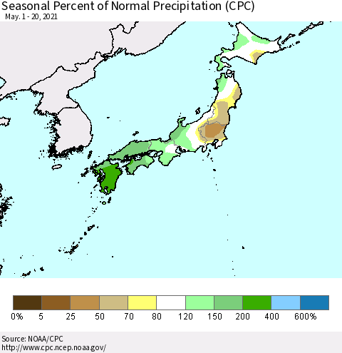 Japan Seasonal Percent of Normal Precipitation (CPC) Thematic Map For 5/1/2021 - 5/20/2021