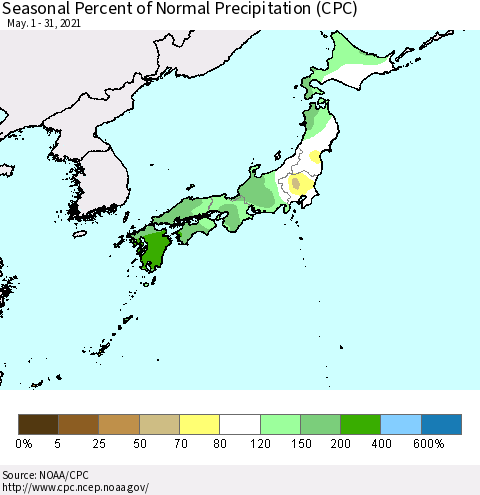 Japan Seasonal Percent of Normal Precipitation (CPC) Thematic Map For 5/1/2021 - 5/31/2021