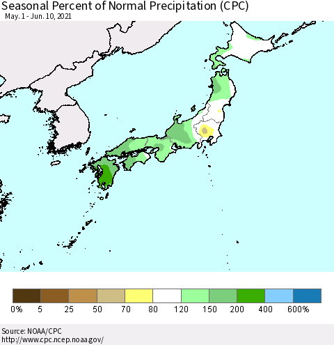 Japan Seasonal Percent of Normal Precipitation (CPC) Thematic Map For 5/1/2021 - 6/10/2021