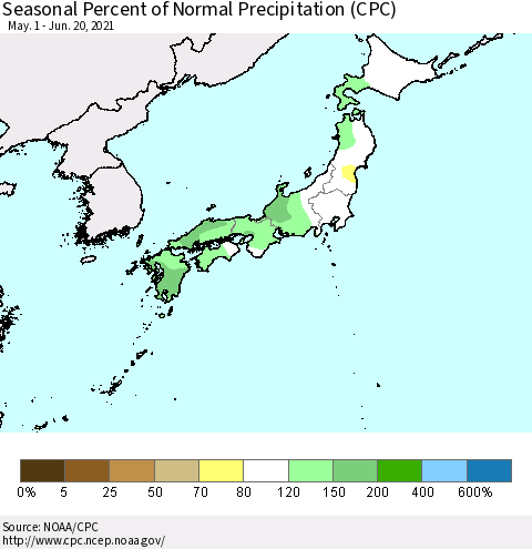 Japan Seasonal Percent of Normal Precipitation (CPC) Thematic Map For 5/1/2021 - 6/20/2021