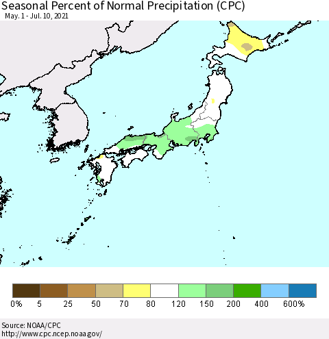 Japan Seasonal Percent of Normal Precipitation (CPC) Thematic Map For 5/1/2021 - 7/10/2021