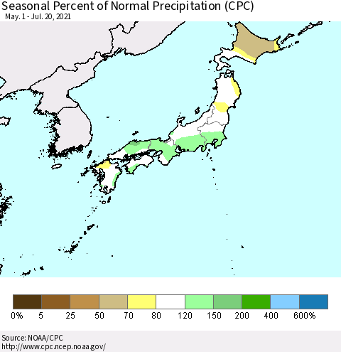 Japan Seasonal Percent of Normal Precipitation (CPC) Thematic Map For 5/1/2021 - 7/20/2021