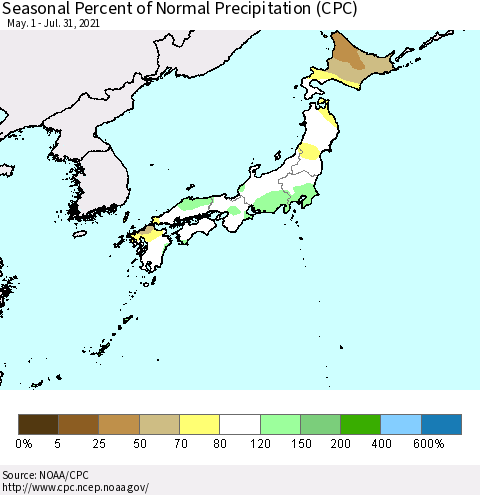 Japan Seasonal Percent of Normal Precipitation (CPC) Thematic Map For 5/1/2021 - 7/31/2021