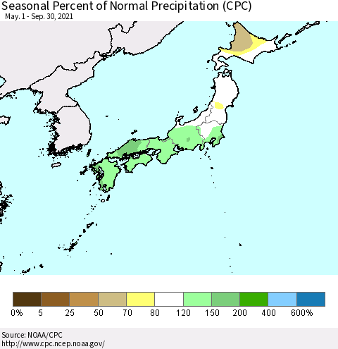 Japan Seasonal Percent of Normal Precipitation (CPC) Thematic Map For 5/1/2021 - 9/30/2021
