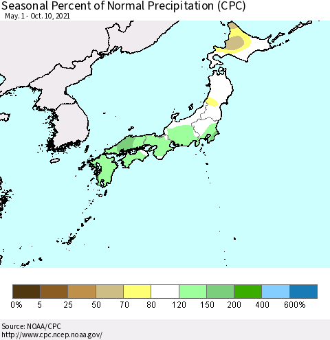 Japan Seasonal Percent of Normal Precipitation (CPC) Thematic Map For 5/1/2021 - 10/10/2021