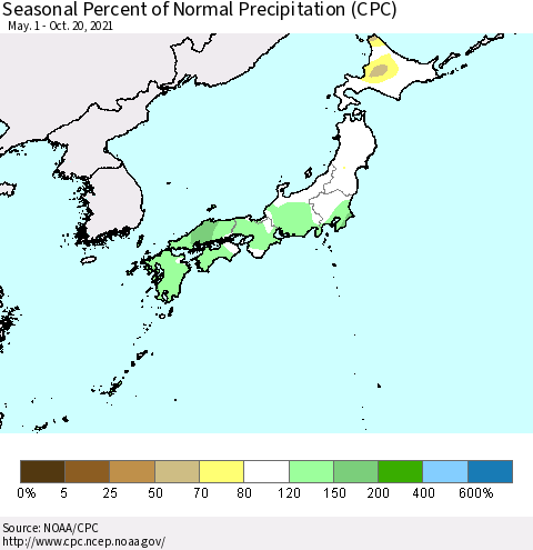 Japan Seasonal Percent of Normal Precipitation (CPC) Thematic Map For 5/1/2021 - 10/20/2021