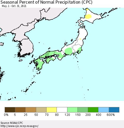 Japan Seasonal Percent of Normal Precipitation (CPC) Thematic Map For 5/1/2021 - 10/31/2021
